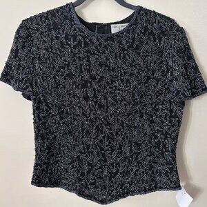 Papell Boutique Vintage Beaded top Black short sleeve zipped
